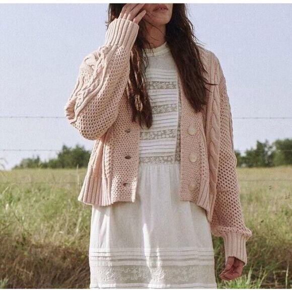 THE GREAT. Sweaters - The Great Pink Petal Cropped Montana Cardigan Cable Knit Cotton Blend 0 / XS